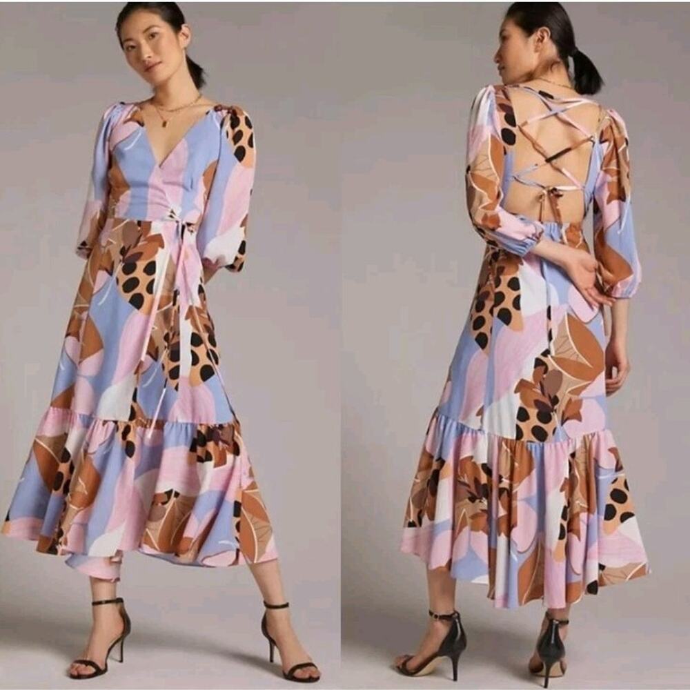 Anthropologie Hutch Bloom Wrap Midi Dress L Abstrat Floral Open Back Strappy